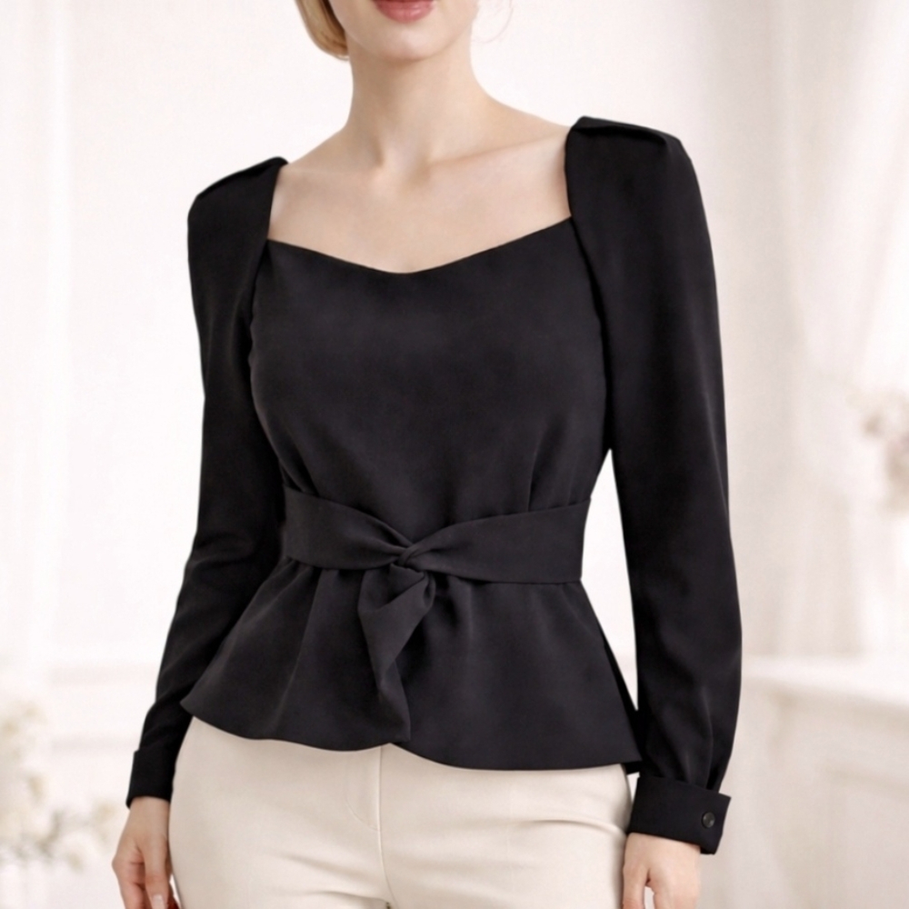 The Fold London Belville Black Structured Peplum Top Elegant Tie Waist Blouse 6